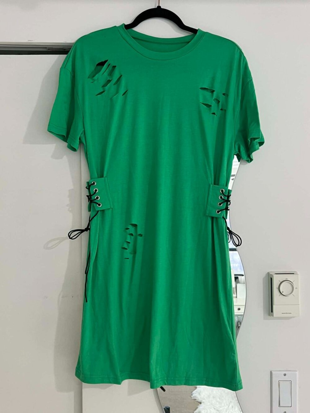 Green Lace-Up Sides Shirt Dress Large